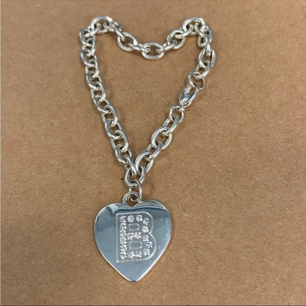 The Letter “B” Heart Charm Bracelet Rhinestones & Silver Plated